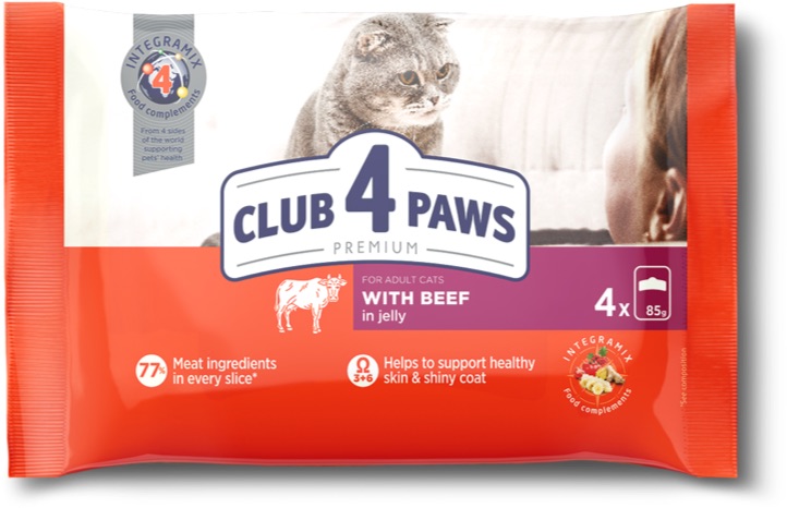 пауч за котка Club 4 paws говеждо 4x85гр